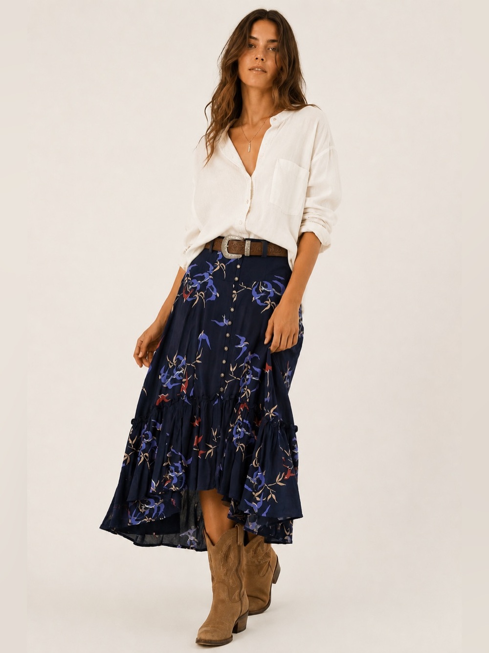 Maeve Merida Bird Skirt Blue Crane Print High Low Midi 8